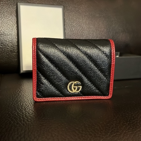 Gucci GG marmont black and red leather zip up bifold compact wallet - Picture 2 of 10